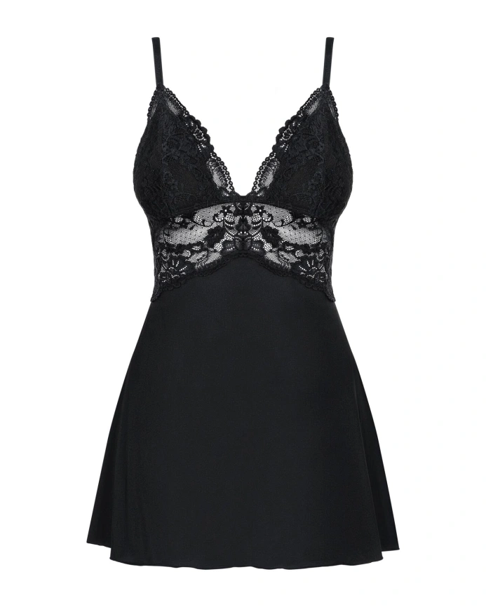 Сатиновый пеньюар с кружевом Obsessive 810-BAB-1 babydoll & thong S/M, черный, пеньюар, танга фото 5