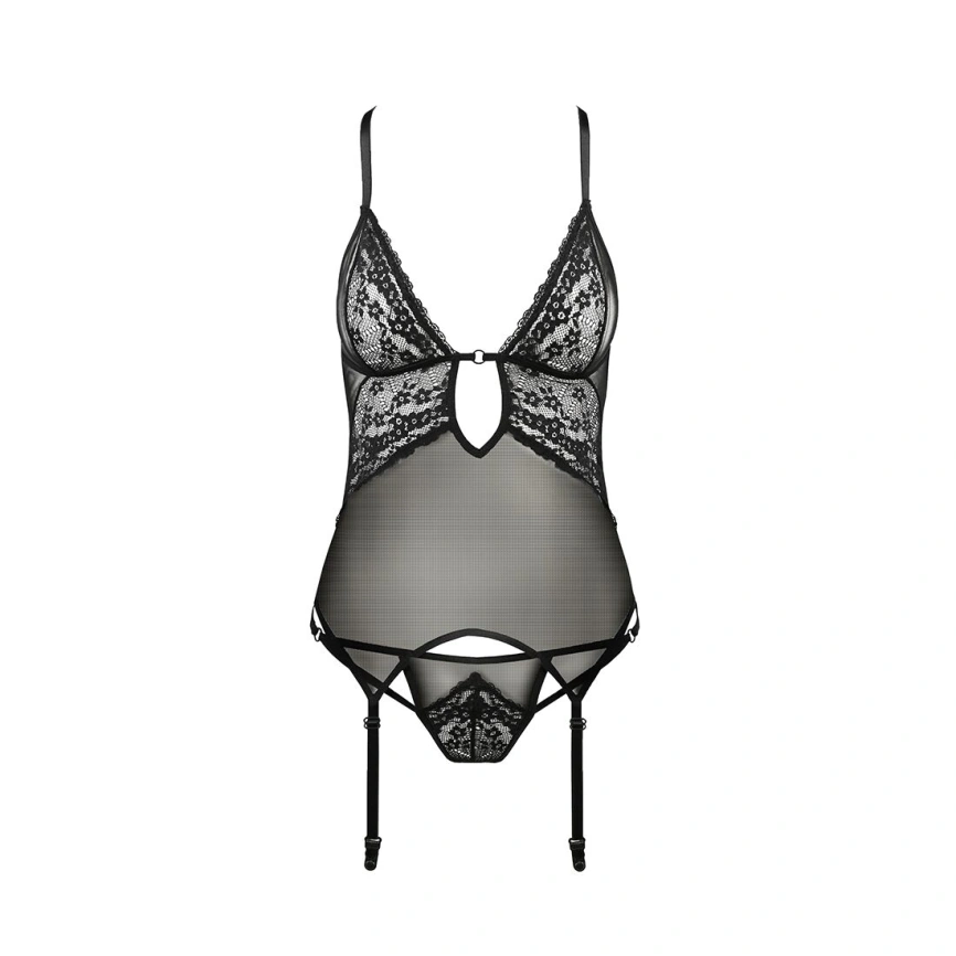 Корсет с декольте Passion ERZA CORSET S/M, black, пажи, трусики, полупрозрачный фото 6