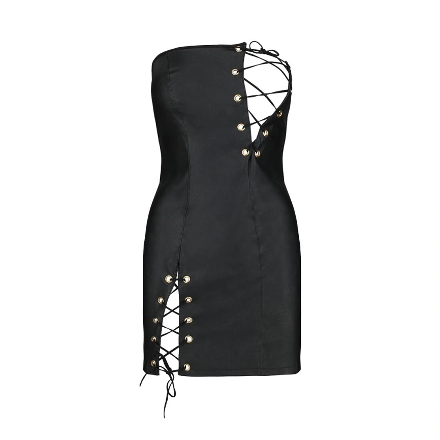 Мини-платье из экокожи Passion CELINE CHEMISE XXL/XXXL, black, шнуровка, трусики в комплекте фото 11