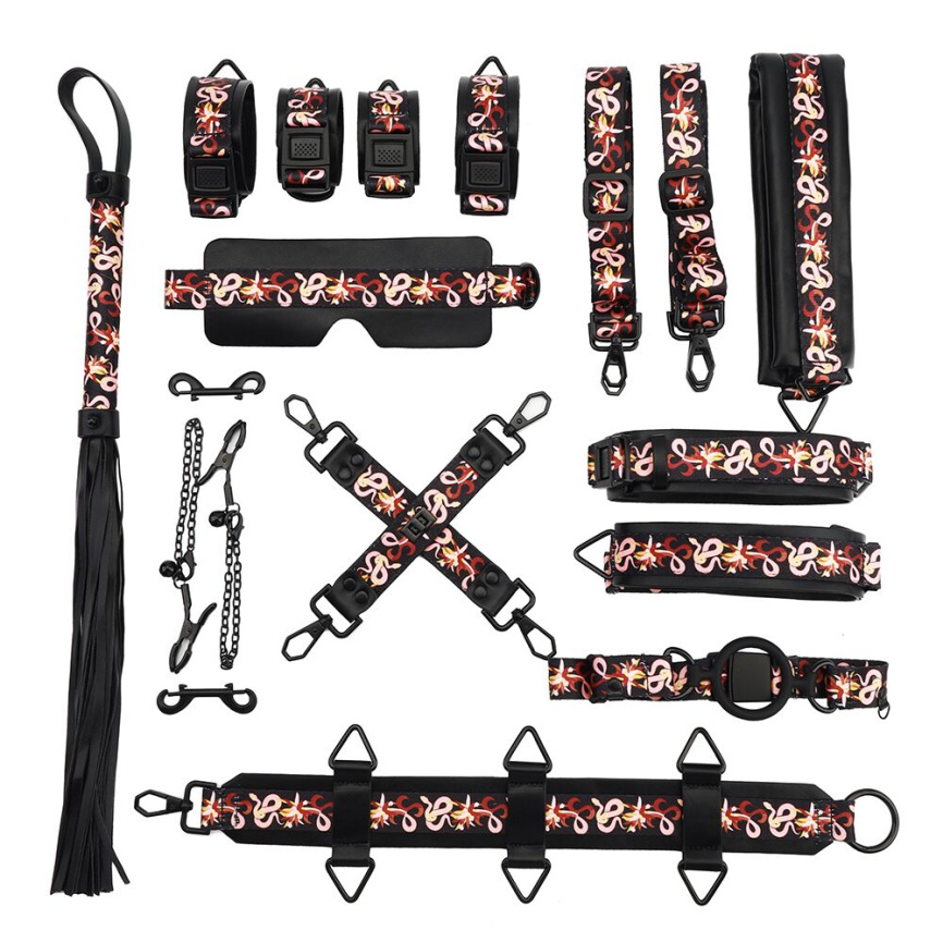 БДСМ-набір LOCKINK The Flowering Serpent Bondage Set, чорний, з малюнком у вигляді змій, 12 предметів фото 1