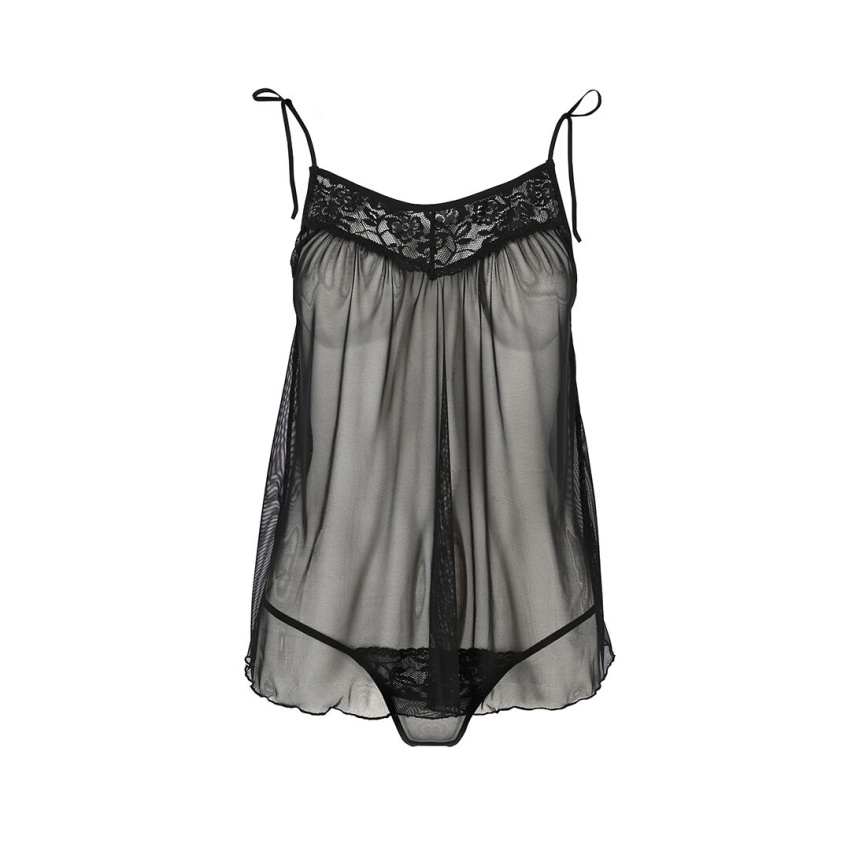 Сорочка прозора бебі-дол Passion MELANIA CHEMISE XXL/XXXL, black, трусики, на тонких бретелях фото 3