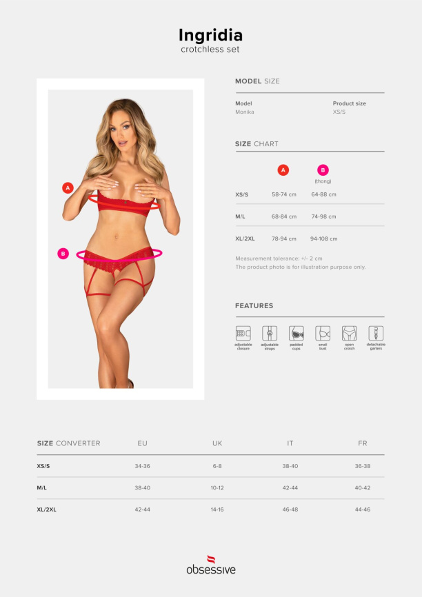Комплект Obsessive Ingridia 2-pcs crotchless set XL/2XL, червоний, з доступом, відкриті груди фото 5