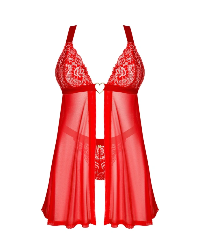 Бэби-долл Obsessive Elianes babydoll & thong, XL/2XL, красный, кружевной лиф, трусики-танга в наборе фото 3