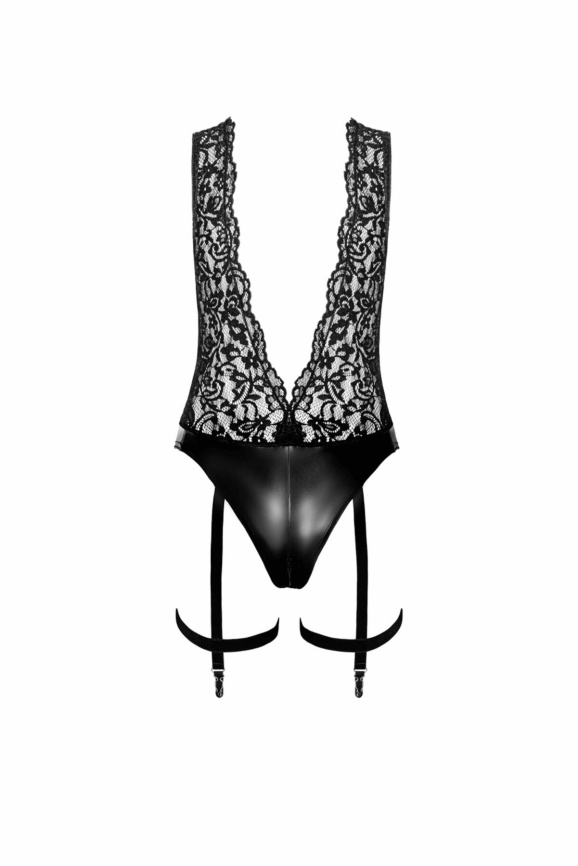 Боді Noir Handmade F297 Libido, XXL, чорне, мереживо, низ під латекс, відкритий доступ, гартери фото 5