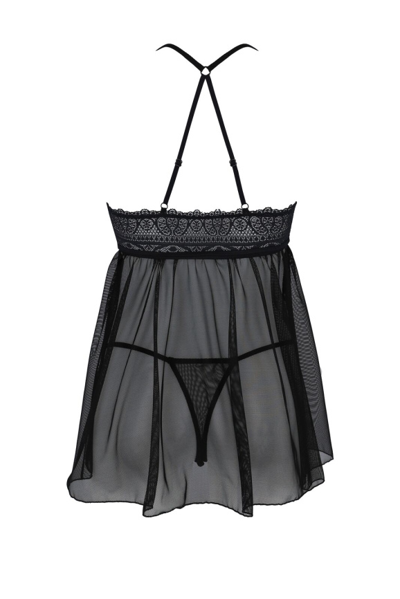 Пеньюар Passion KERRIA CHEMISE black, L/XL, мереживний верх, трусики в комплекті фото 4