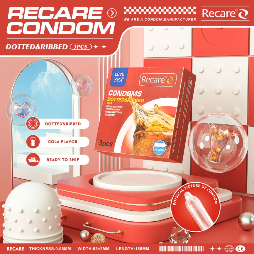 Презервативи Recare Cola Dotted&Ribbed Condoms 3 шт, з пухирцями та ребрами, аромат: Кола фото 7
