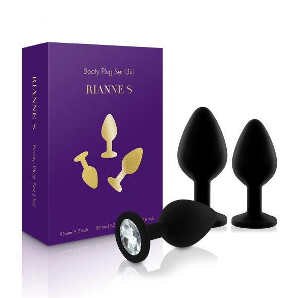 Набір силіконових анальних пробок із кристалом Rianne S: Booty Plug Set Black, діаметр 3,2см, 3,5см, 4,2см фото 1