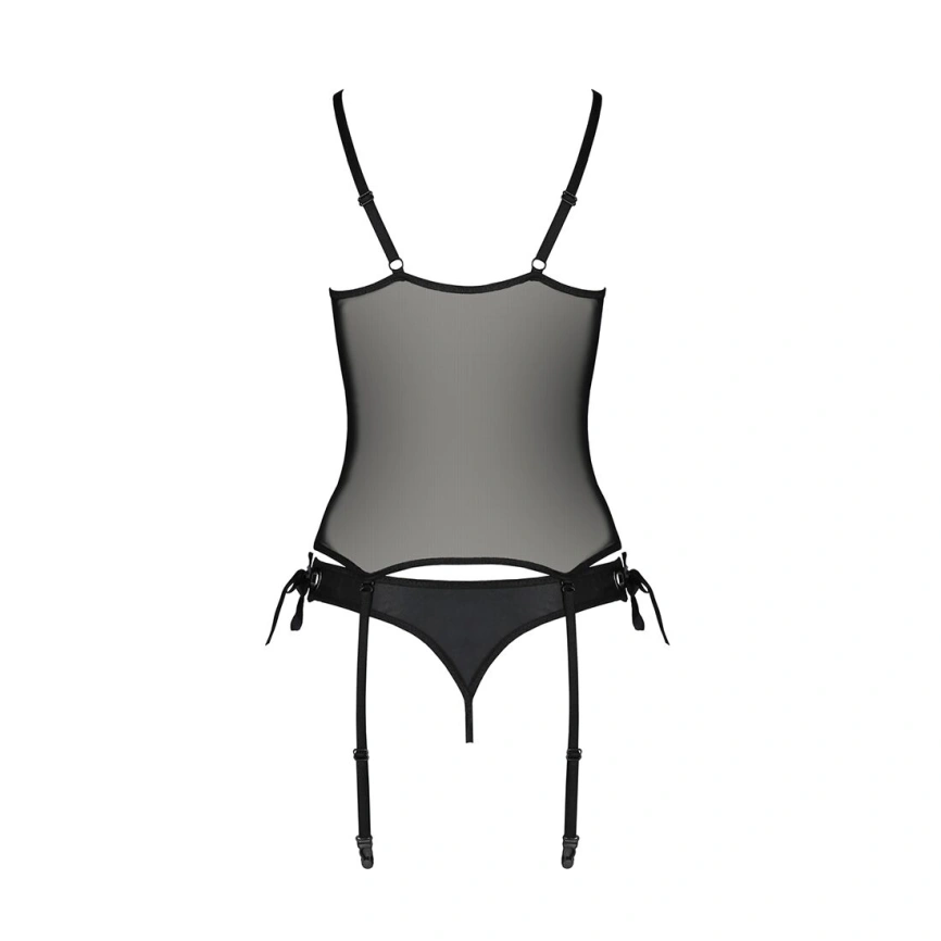 Корсет со шнуровкой Passion NESSY CORSET S/M black, стринги с открытым доступом, пажи для чулок фото 11