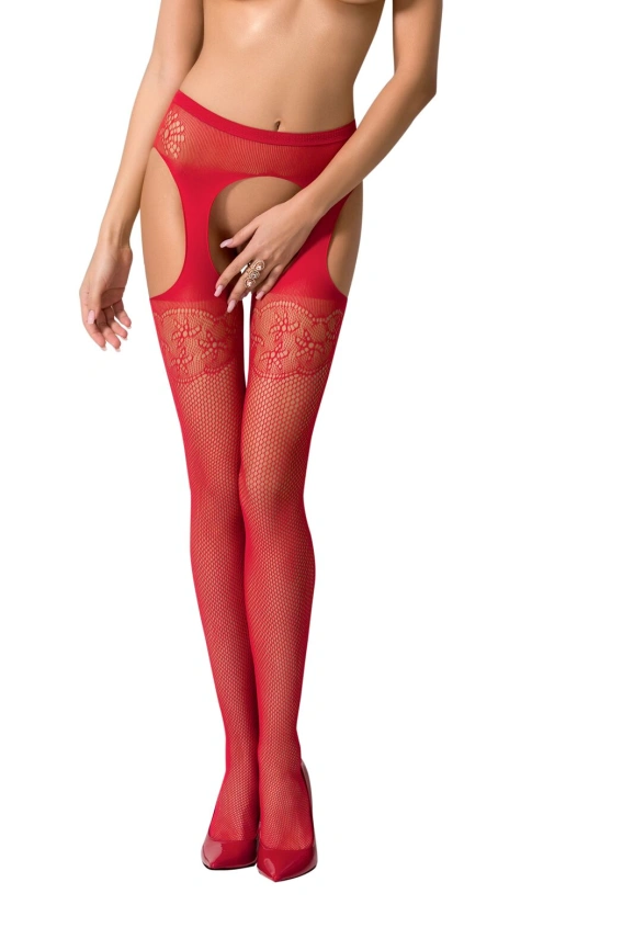 Эротические колготки-бодистокинг Passion S005 red, имитация чулок и пояса для чулок фото 1