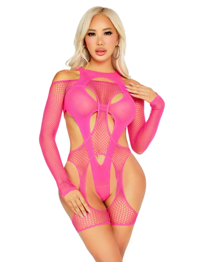 Бодистокинг Leg Avenue Fishnet Garter Harness and Teddy One Size Neon Pink фото 4