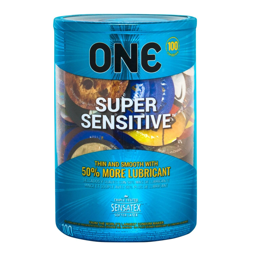 Набір презервативів ONE Super Sensitive, 100 шт, гладенькі, з додатковою змазкою, паковання-тубус фото 1