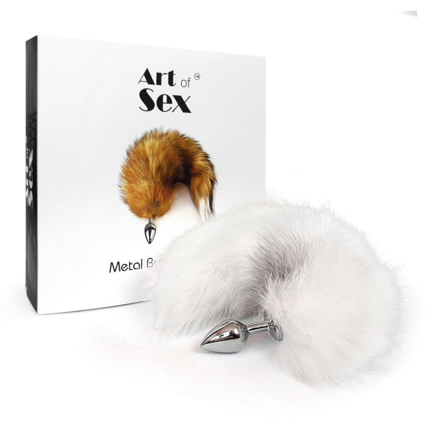 Металева анальна пробка з хвостом із натурального хутра Art of Sex size M White fox фото 5