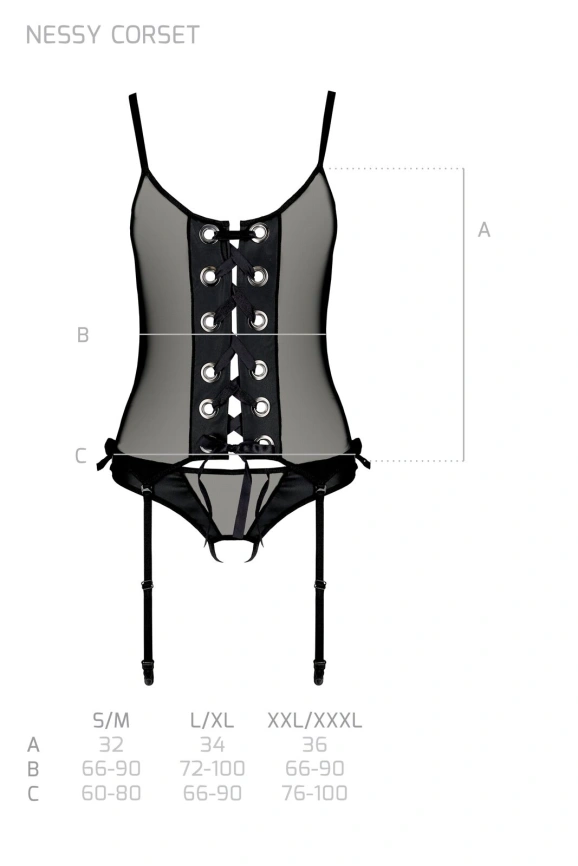 Корсет со шнуровкой Passion NESSY CORSET XXL/XXXL black, стринги с открытым доступом, пажи для чулок фото 7