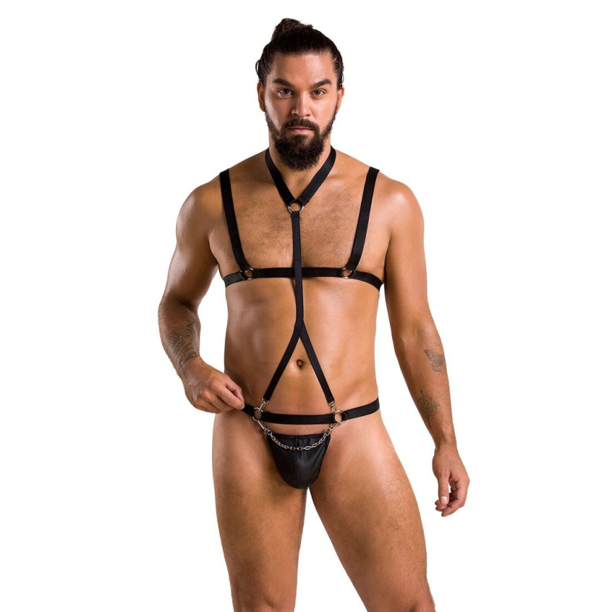 Комплект чоловічої білизни зі стреп Passion 039 SET ANDREW S/M Black, стринги, шлейки фото 9