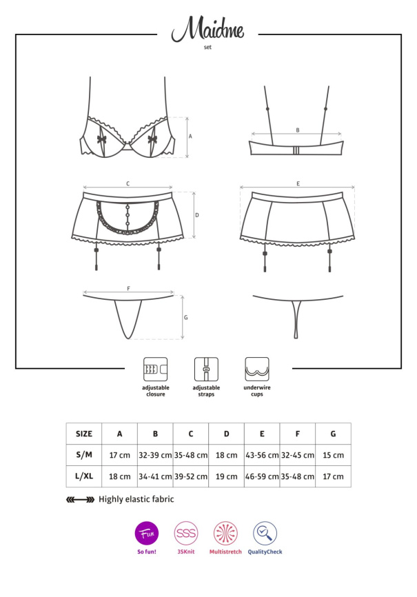 Еротичний костюм покоївки Obsessive Maidme set 5pcs L/XL, бюстгальтер, пояс з фартухом, панчохи, стр фото 7