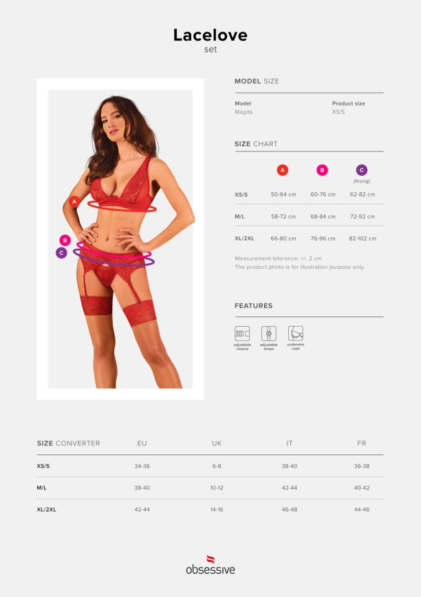 Комплект белья Obsessive Lacelove cupless 3-pcs set M/L Red, бюстгальтер, стринги, пояс для чулок фото 5