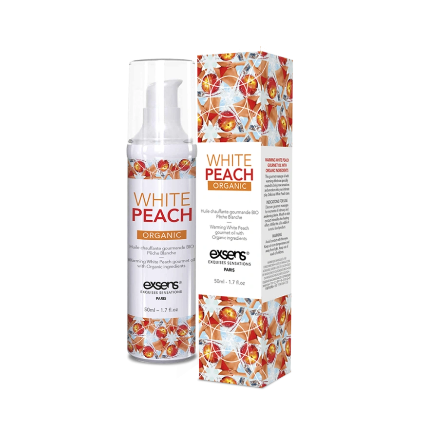 Массажное масло EXSENS Organic White Peach 50 мл разогревающее, без сахара, без парабенов, съедобное фото 1
