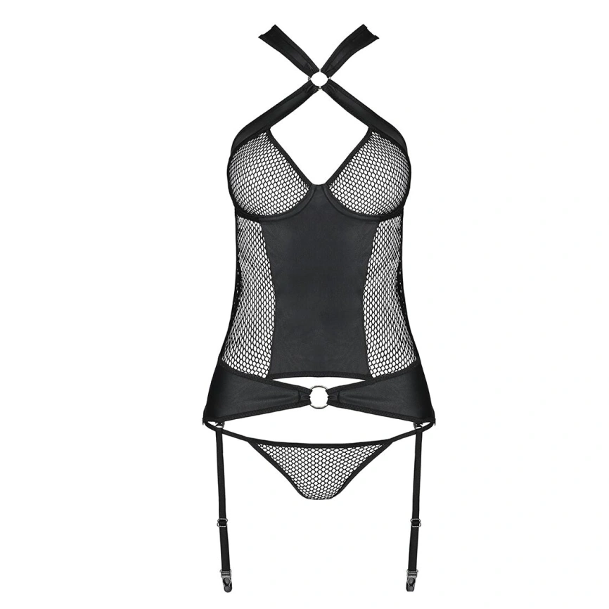 Сетчатый комплект корсет с халтером, съемные подвязки и трусики Passion AMANDA CORSET L/XL, black фото 11