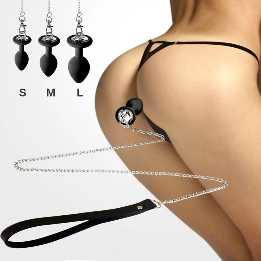Силіконова анальна пробка Art of Sex Metal Anal Plug with Leash size M з повідцем Black фото 3