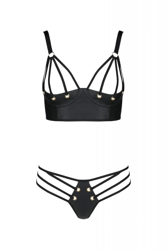 Комплект из экокожи Passion MALWIA BIKINI 6XL/7XL black, с люверсами и ремешками, бра, трусики фото 3