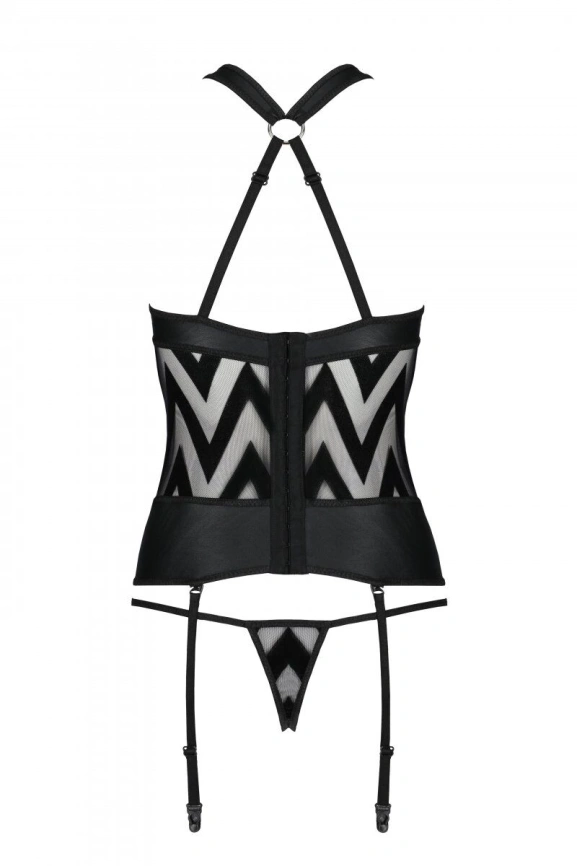 Сетчатый комплект с узором, корсет с халтером, подвязки, трусики Passion HIMA CORSET S/M, black фото 6