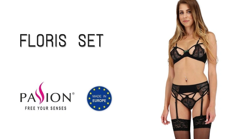 Комплект белья Passion Exclusive FLORIS SET S/M, black, лиф, трусики, пояс для чулок фото 4