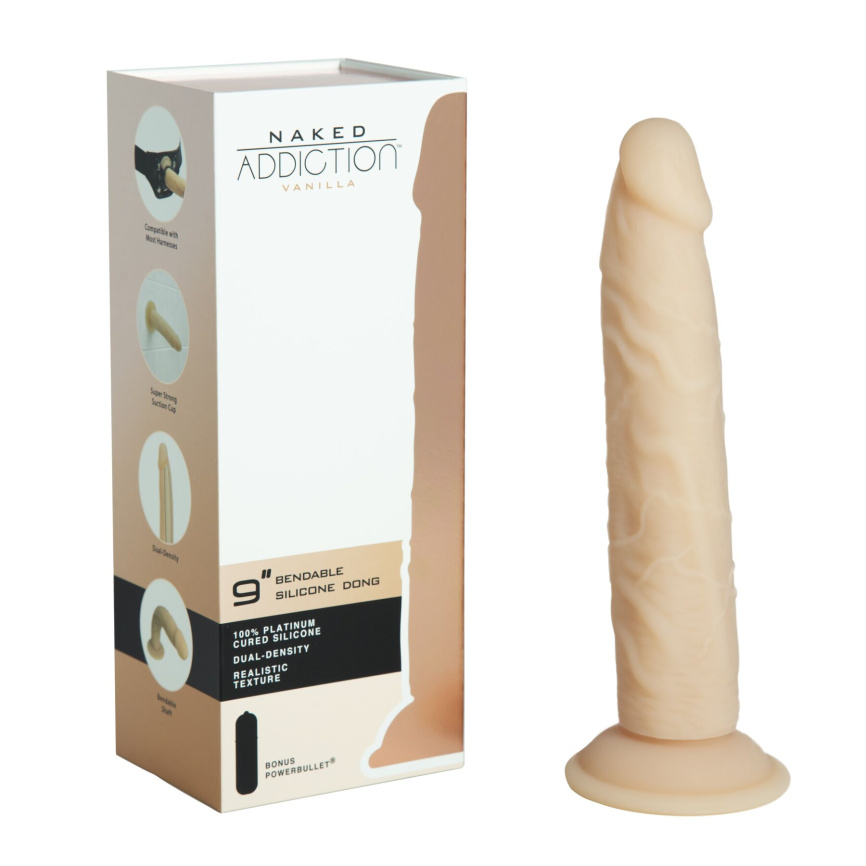 Фалоімітатор Naked Addiction — 9″ Silicone Dual Density Bendable Dildo Vanilla, віброкуля в подаруно фото 6