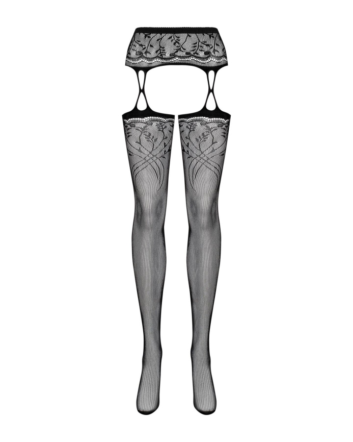 Панчохи-стокінги з рослинним малюнком Obsessive Garter stockings S206 black S/M/L чорні, імітація га фото 5
