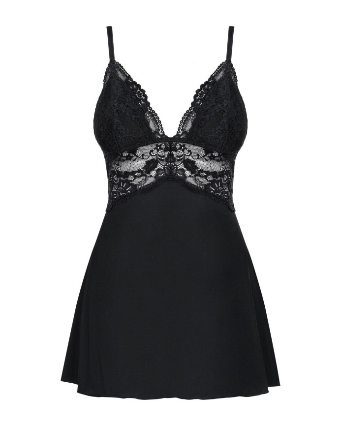 Сатиновий пеньюар із мереживом Obsessive 810-BAB-1 babydoll & thong S/M, чорний, пеньюар, танга фото 5