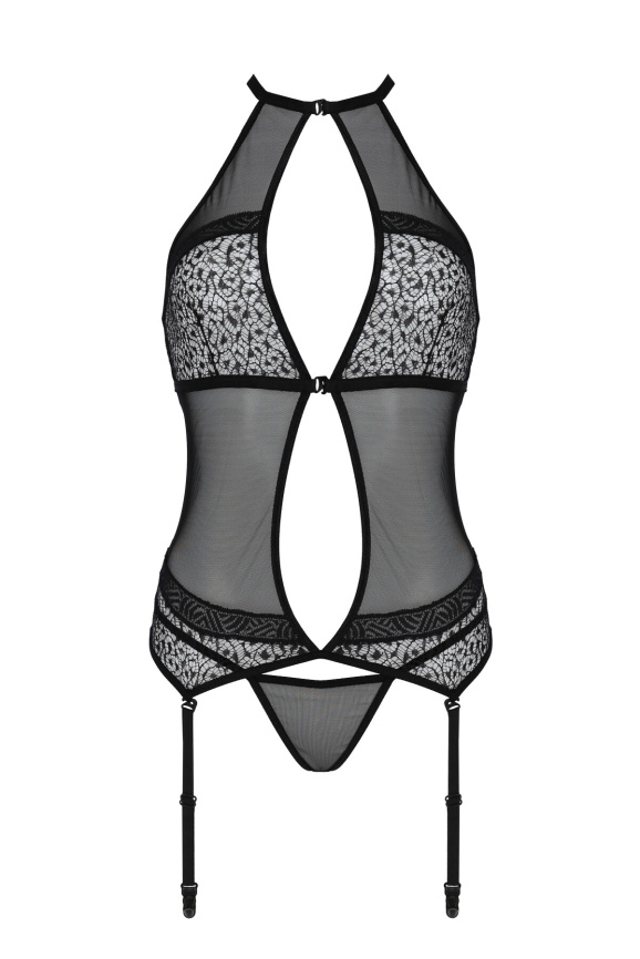 Корсет з пажами Passion SATARA CORSET S/M black, стрінги, мереживо, застібки спереду та ззаду фото 3