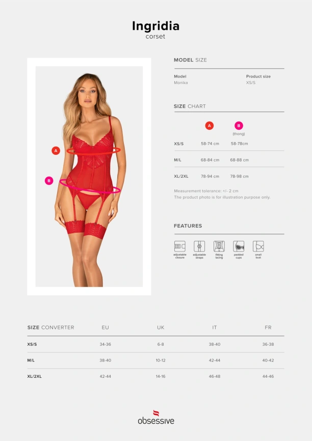 Комплект корсет и стринги Obsessive Ingridia corset & thong M/L, красный фото 5