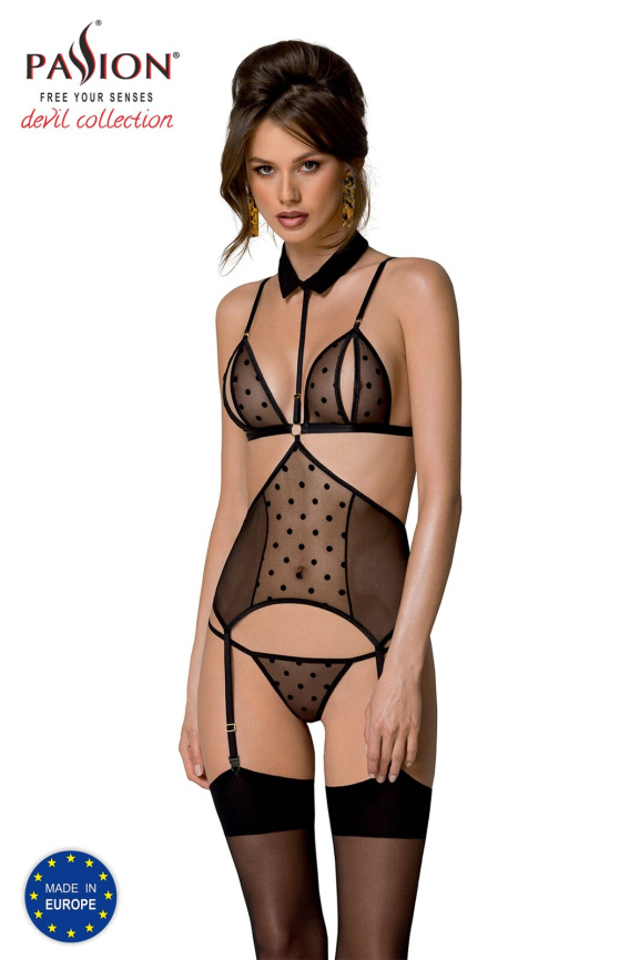 Корсет з відкритими грудьми Passion DOMINICA CORSET L/XL black, пажі для панчіх, стрінги фото 1
