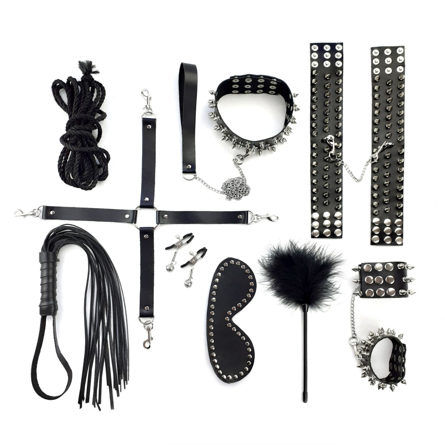 BDSM-набір Art of Sex – Spikes BDSM Set Leather, 10 предметів, чорний, натуральна шкіра фото 2