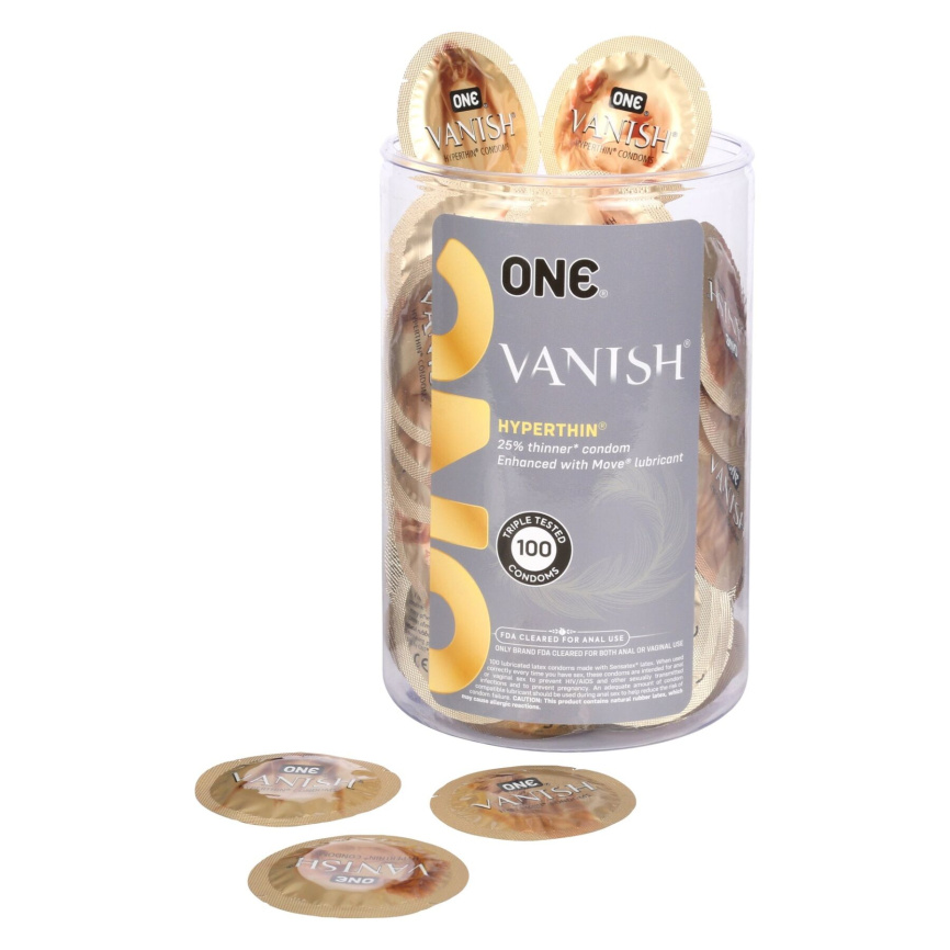 Набір презервативів ONE Vanish Hyperthin, 100 шт, ультратонкі, зі змазкою, паковання-тубус фото 1
