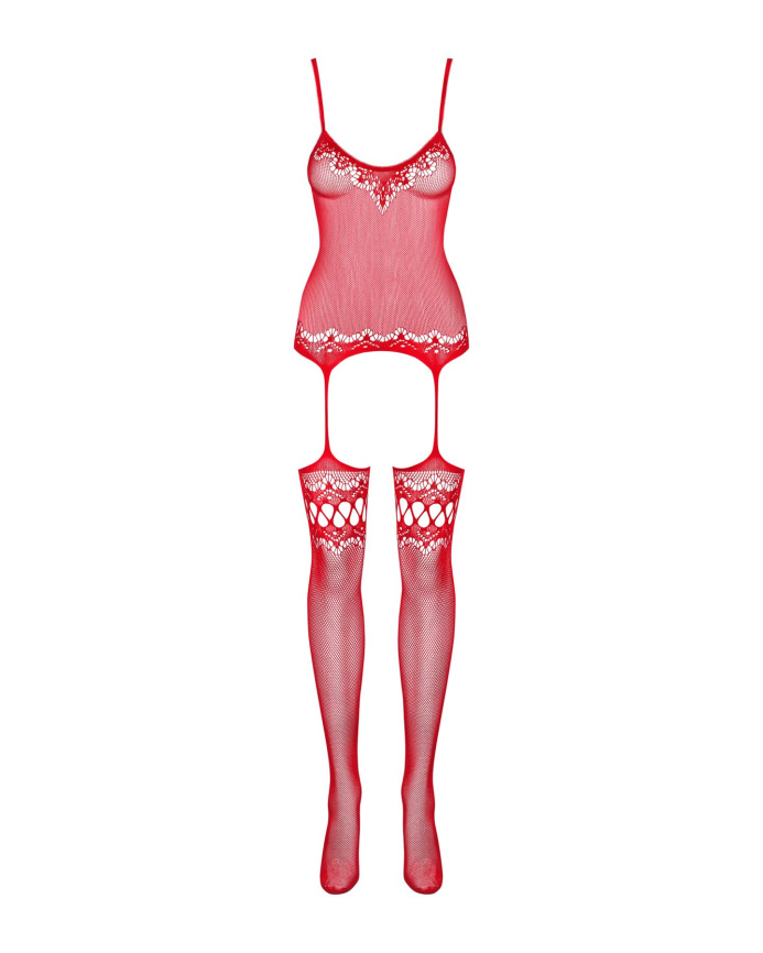 Бодістокінг Obsessive Bodystocking F214 red S/M/L, імітація корсета та панчіх на підв’язках фото 5