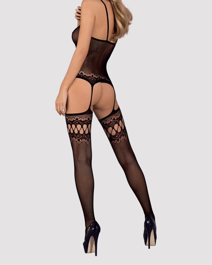 Бодістокінг Obsessive Bodystocking F214 black S/M/L, імітація корсета та панчіх на підв’язках фото 6