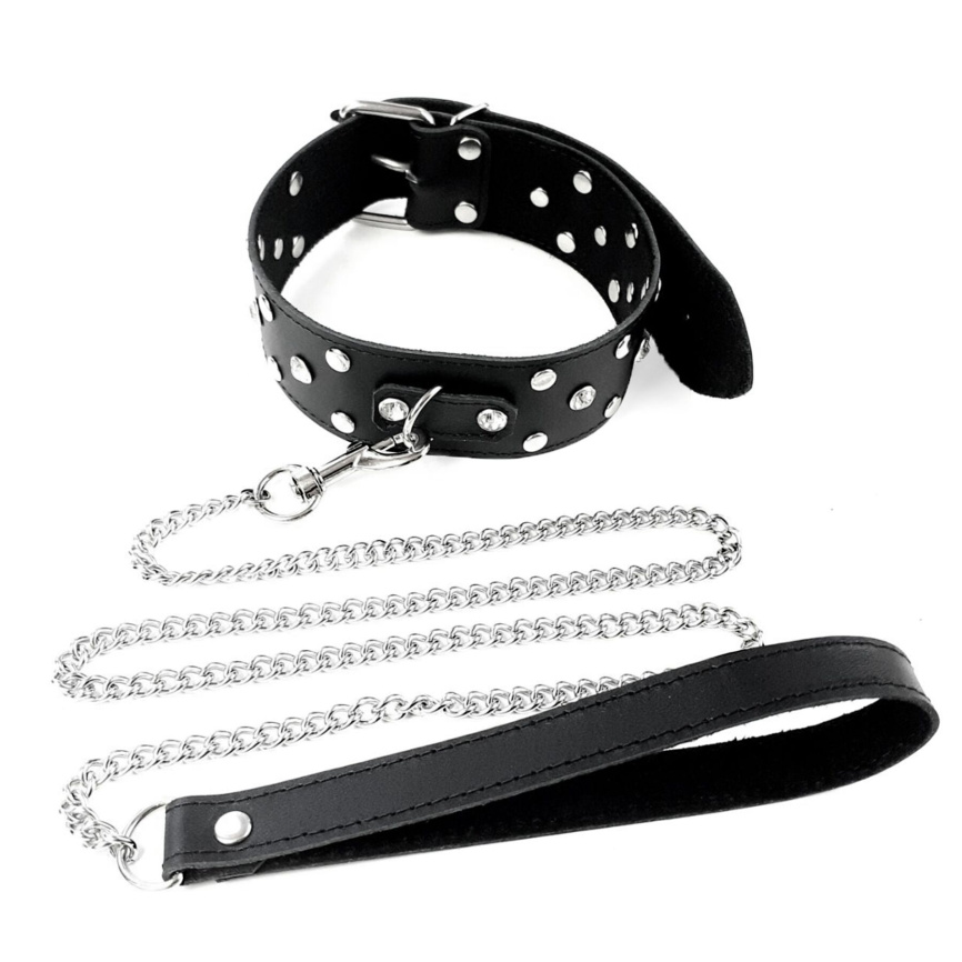 Нашийник з повідцем із натуральної шкіри із заклепками Art of Sex - Jenna Collar with Leash, чорний фото 2