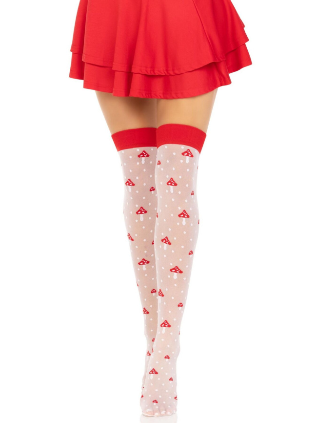 Панчохи Leg Avenue Polka Dot Mushroom Thigh Highs, One Size, біло-червоні, на резинці, малюнок — гриби фото 5