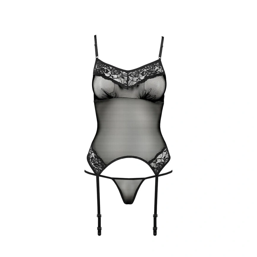 Корсет с пажами Passion MELANIA CORSET L/XL, black, трусики, полупрозрачный фото 15