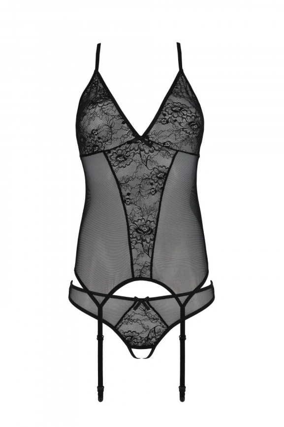 Корсет с пажами, трусики с ажурным декором и открытым шагом Passion URSULA CORSET S/M, black фото 3