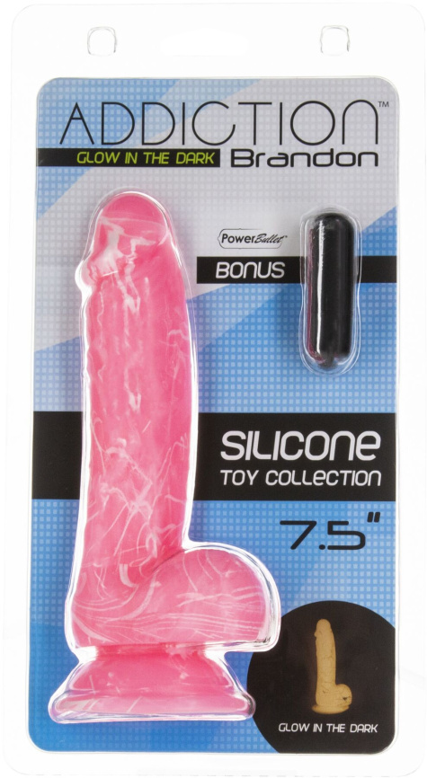 Фалоімітатор, що світиться у темряві, ADDICTION - BRANDON - 7.5 "- PINK G.I.D. / W PB, 19 см, силіко фото 7