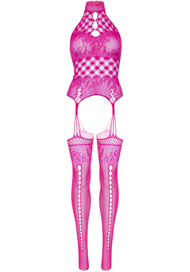 Мереживний бодістокінг з відкритим доступом Leg Avenue High neck lace bodystocking One size Raspberr фото 6