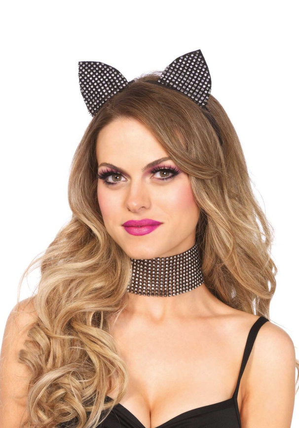 Набір кішечки зі стразами Leg Avenue Cat ear headband & choker set, широкий чокер та вушка фото 1