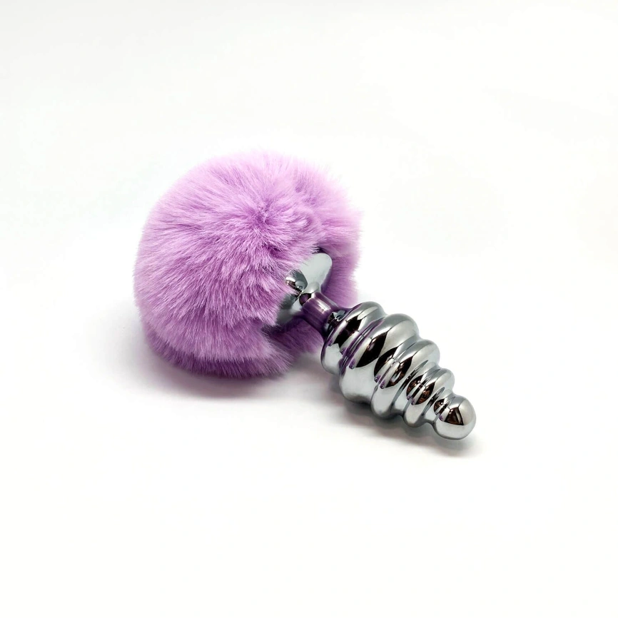 Металлическая анальная пробка Кроличий хвостик Alive Fluffy Twist Plug L Purple, диаметр 3,8 см фото 3