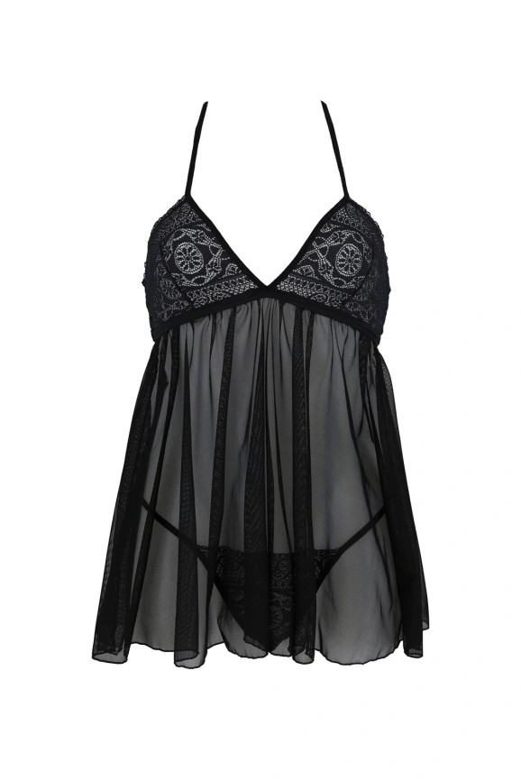 Пеньюар Passion KERRIA CHEMISE black, XXL/XXXL, кружевной верх, трусики в комплекте фото 3