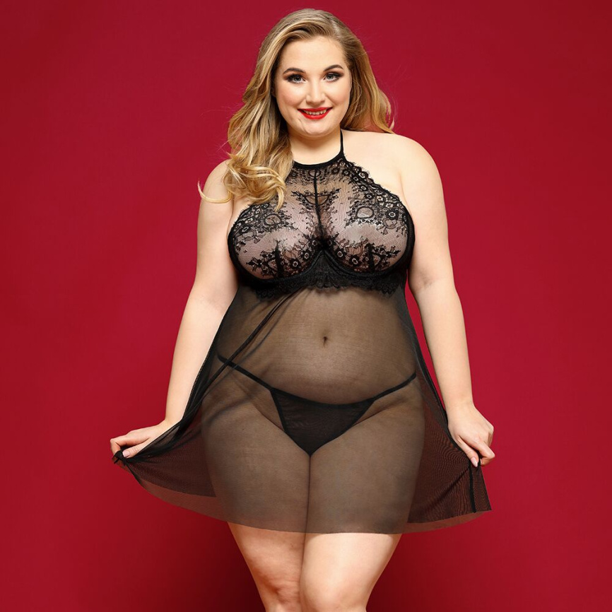 Сорочка бебі-дол JSY «Пристрасна Ліліт» Plus Size, Black, халтер, дрібна сітка, мереживо, стрінги фото 1