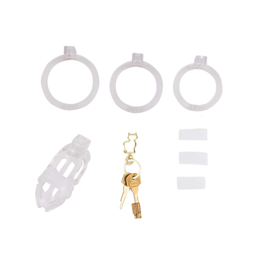 Клітка для пеніса LOCKINK SEVANDA Plastic Penis Chastity Cage, прозора, 3 кільця різних розмірів фото 7