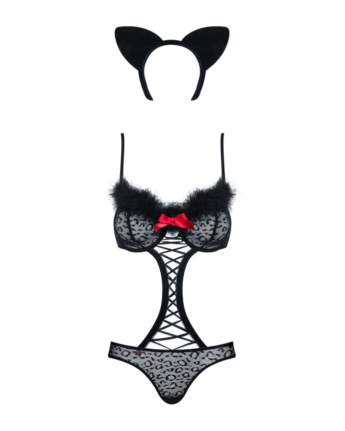 Еротичний костюм гепарду Obsessive Gepardina 3 pcs costume L/XL, чорний, хутряне оздоблення, монокін фото 5