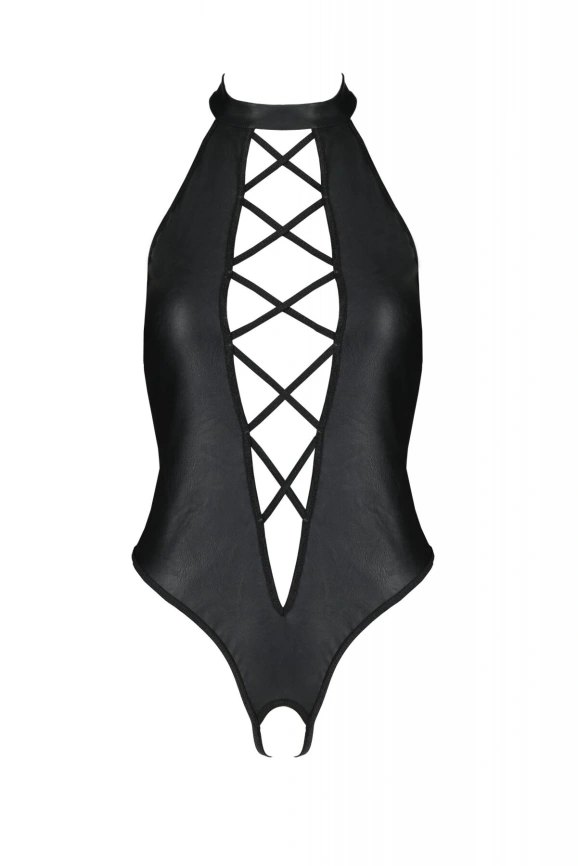 Боди из экокожи Passion NANCY BODY 4XL/5XL black, с имитацией шнуровки и открытым доступом фото 3