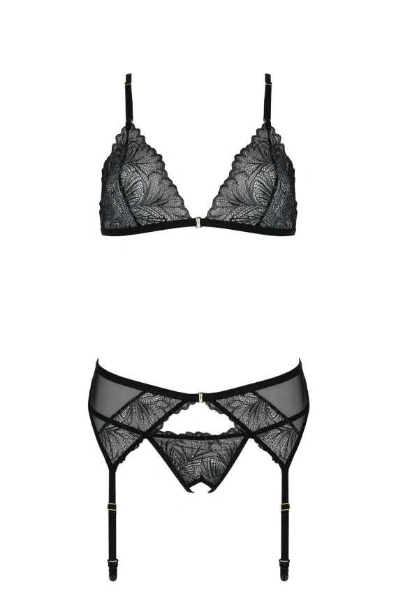 Комплект с открытым доступом Passion DELIENA SET S/M black, лиф, стринги, пояс для чулок фото 3